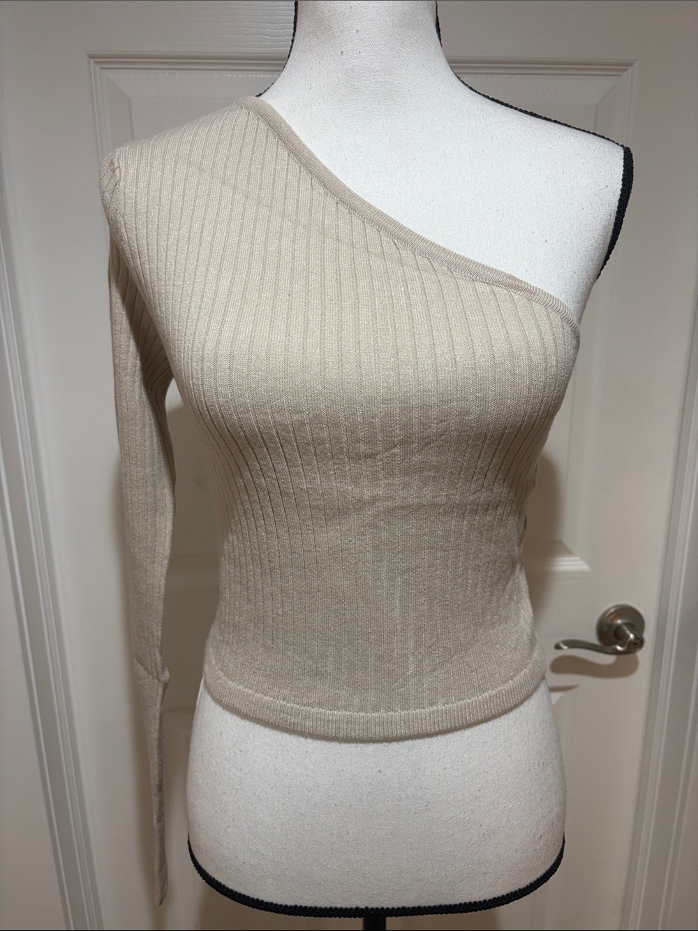 One-Shoulder Ribbed Sweater Top - Beige